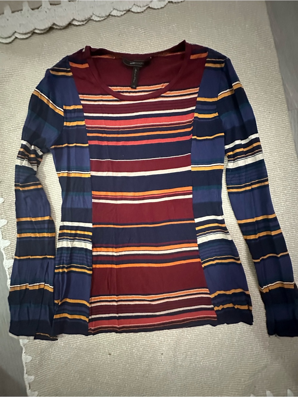 BCBG Striped Long Sleeve Mixed-Panel Top in Navy and Burgundy - Picture 2 of 5